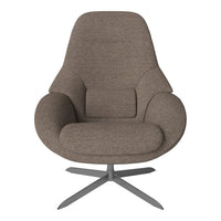 Cozy taupe fabric armchair with a smooth texture and modern, minimalist design, featuring a sleek metallic base.