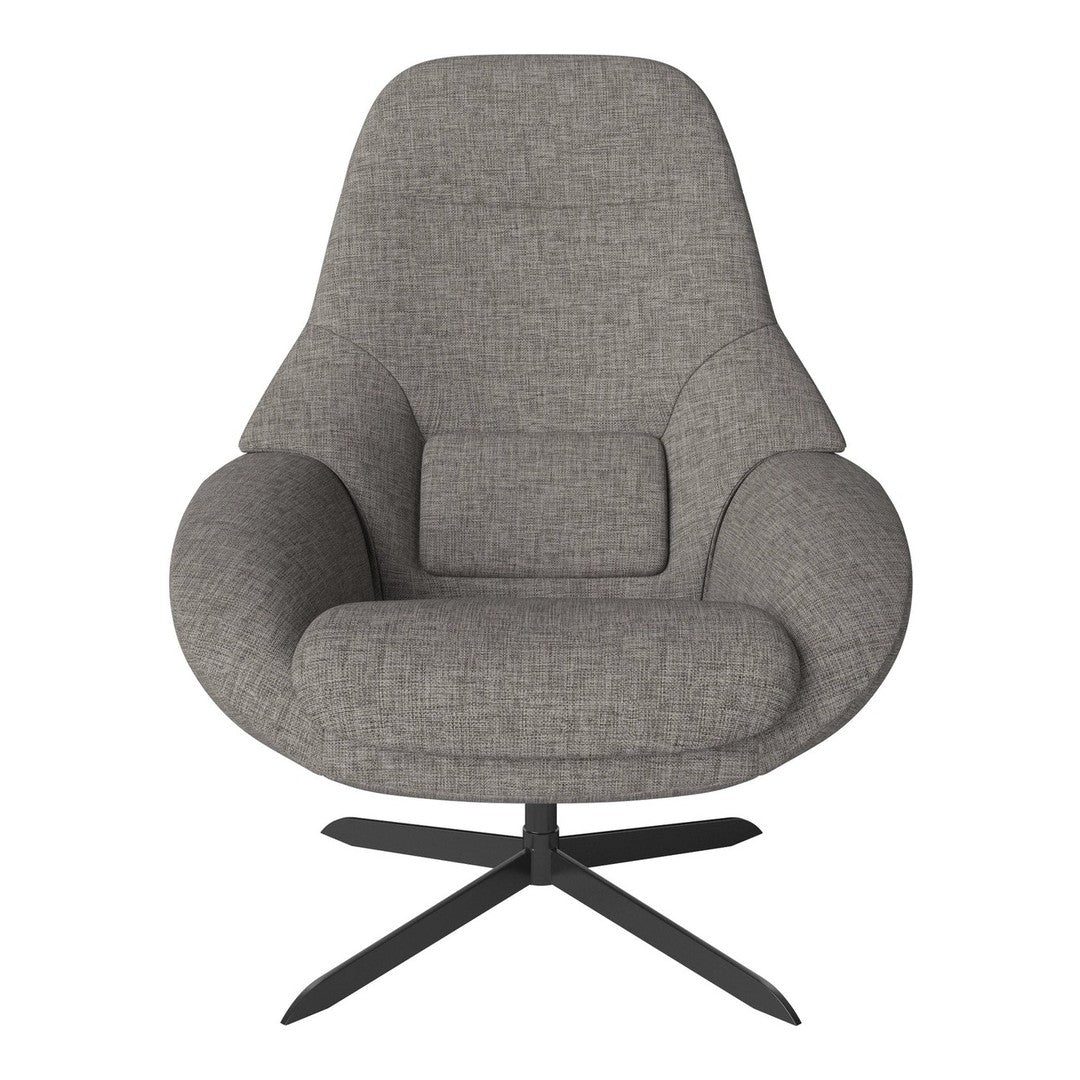 Modern grey upholstered chair with a minimalist design and textured fabric, featuring a sleek black metal base.