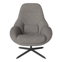 Modern grey upholstered chair with a minimalist design and textured fabric, featuring a sleek black metal base.