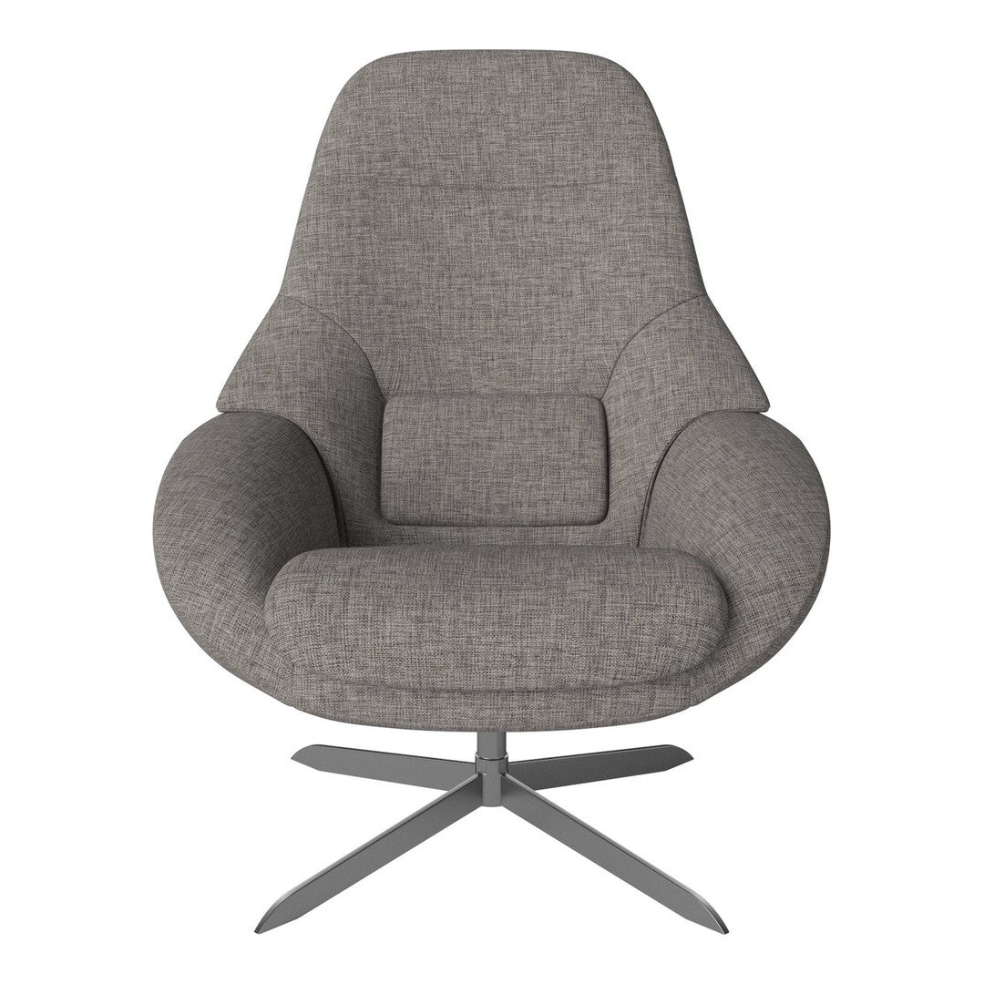 Stylish gray accent chair with a modern fabric texture and sleek metallic base, perfect for contemporary decor.