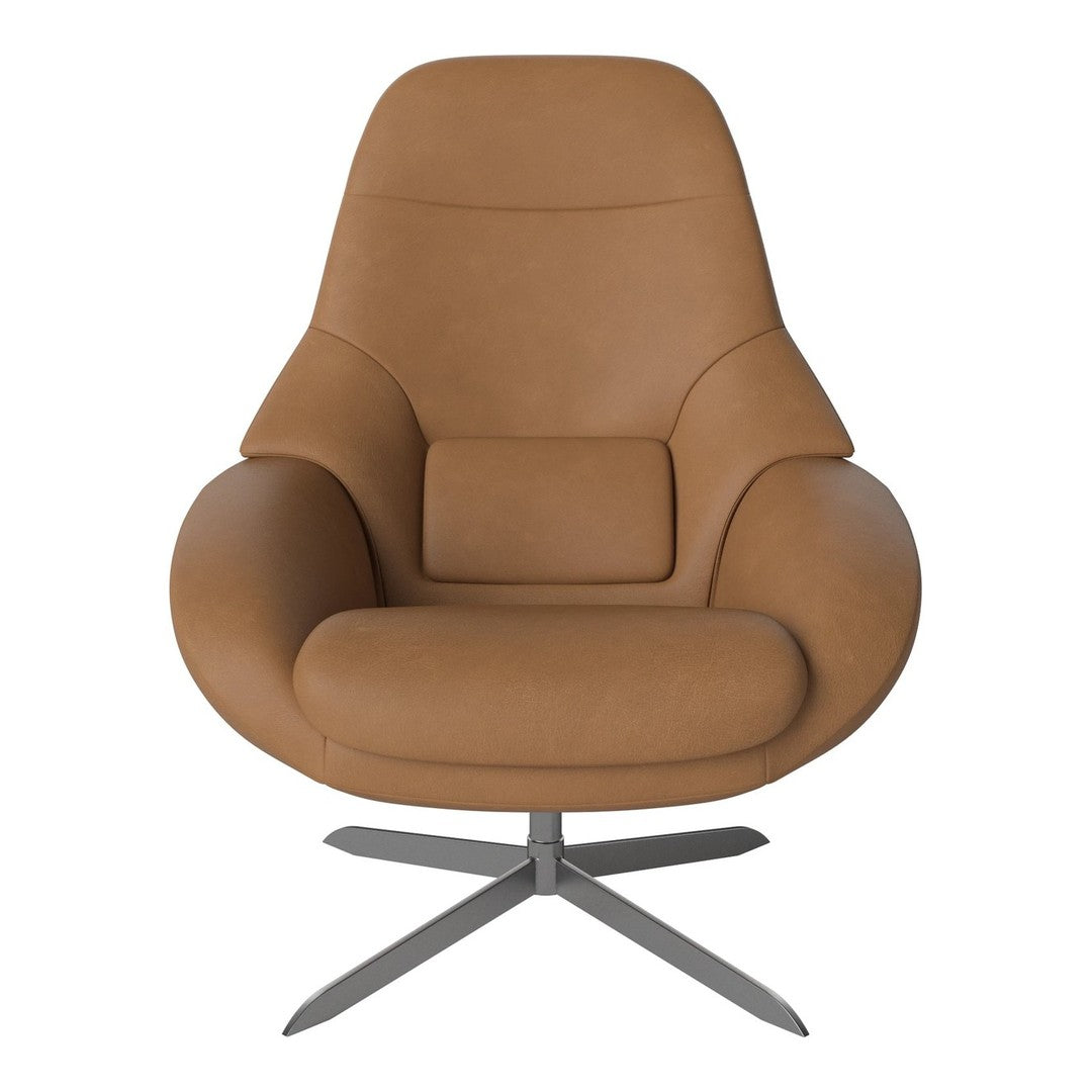 Brown leather swivel chair with smooth, curved contours and a sleek metal base, perfect for modern interiors.