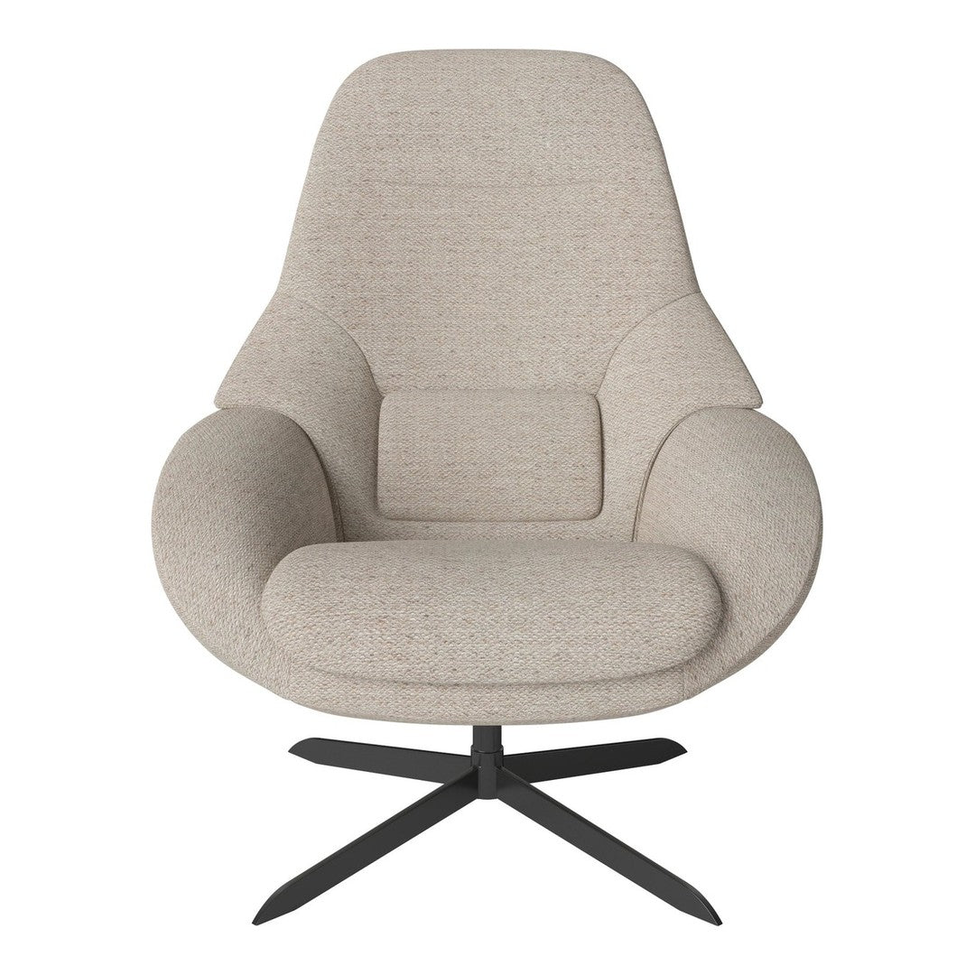 Beige upholstered lounge chair with a smooth, textured fabric and a sleek black metal base. Perfect for modern decor.