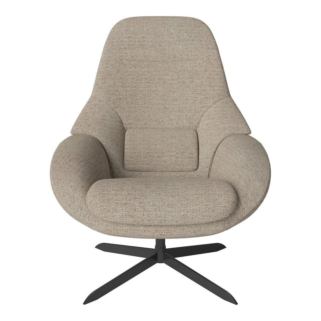 Beige textured upholstery on a modern chair with a sleek black metal base. Ideal for contemporary decor.
