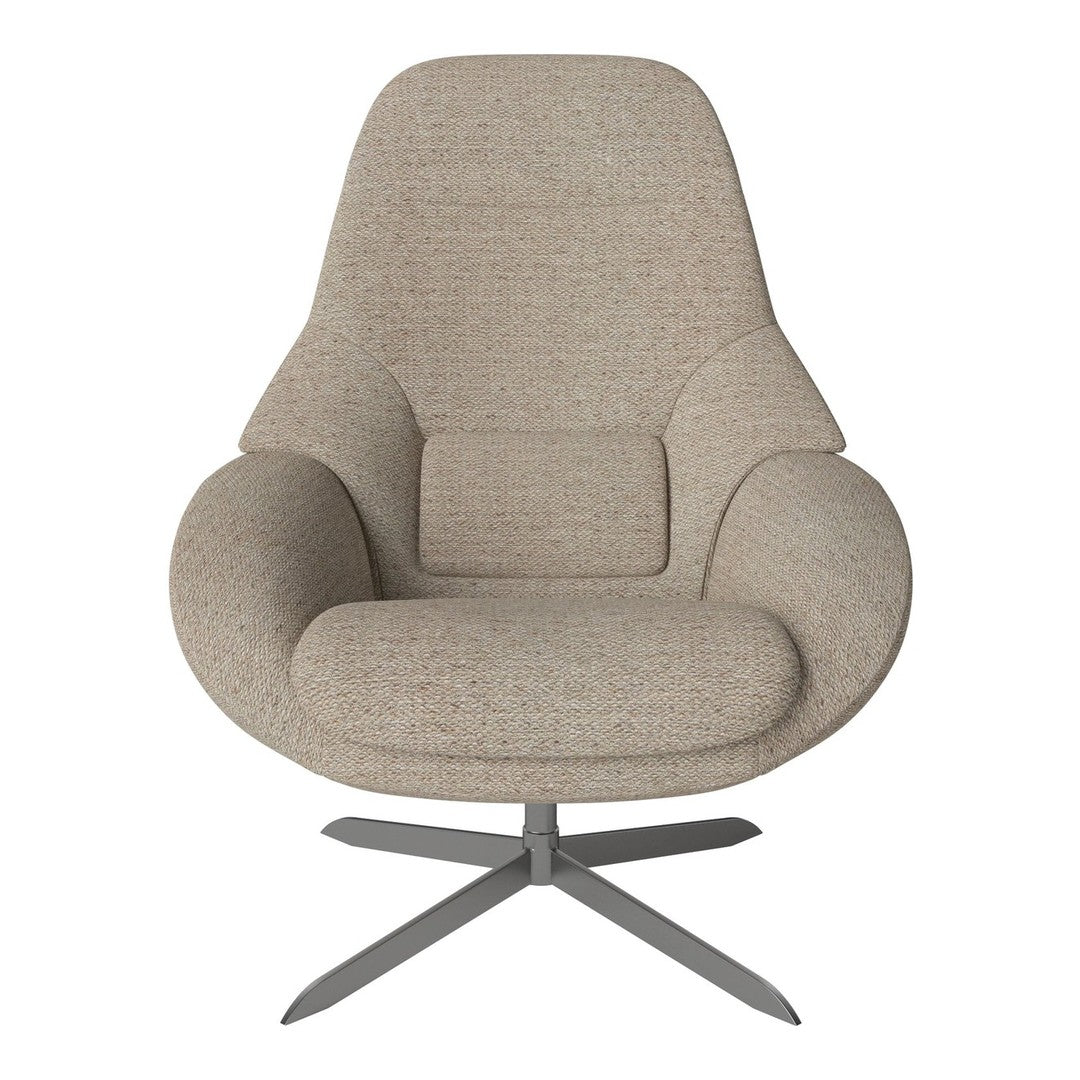 Soft beige upholstered armchair with a smooth texture and contemporary design, featuring a sleek metal base.