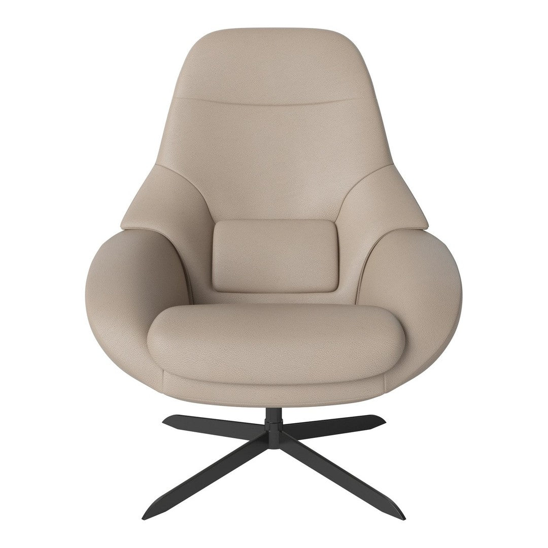 Beige upholstered swivel chair with a smooth, modern design and minimalist black metal base. Elegant and stylish addition.