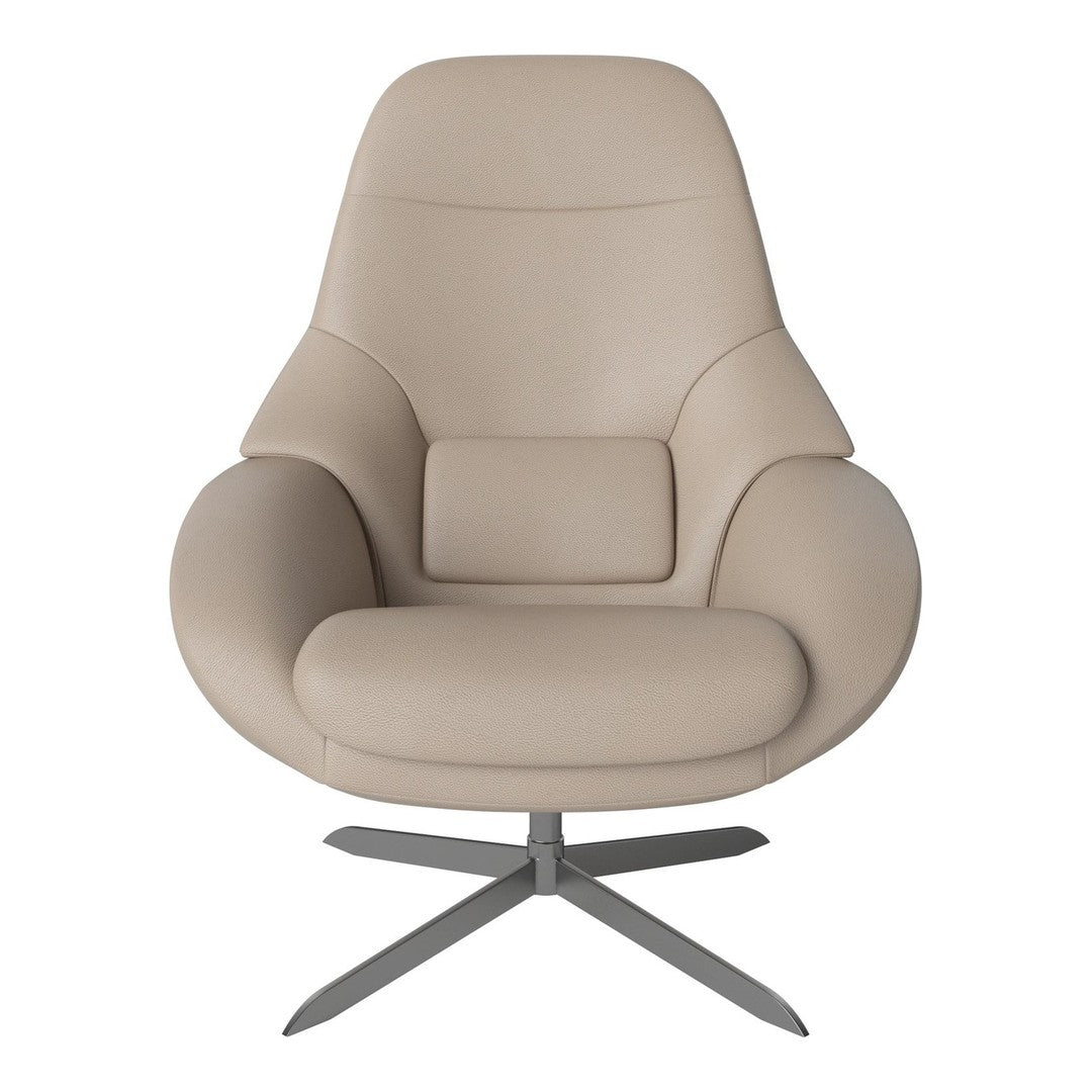 Beige modern accent chair with smooth upholstery and a sleek metal base, featuring a minimalist design.