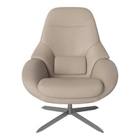 Beige modern accent chair with smooth upholstery and a sleek metal base, featuring a minimalist design.