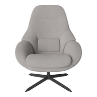 Light gray upholstered chair with a smooth, minimalist design and black metal base, perfect for modern decor.