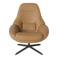 Tan leather swivel chair with a smooth, minimalistic design and sleek black base. Perfect for modern decor.