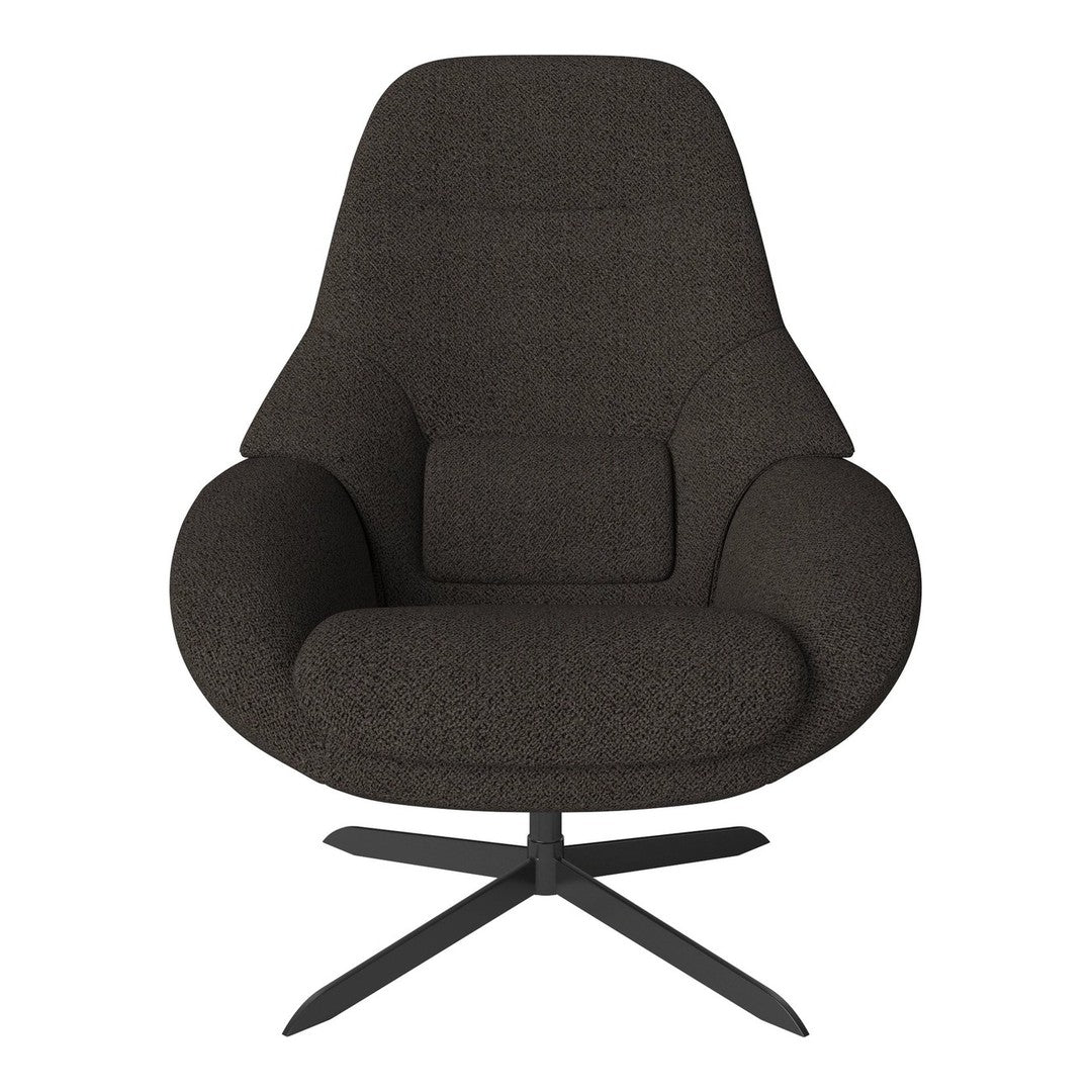 Stylish dark brown upholstered chair with textured fabric and sleek black metal base. Perfect for modern decor.