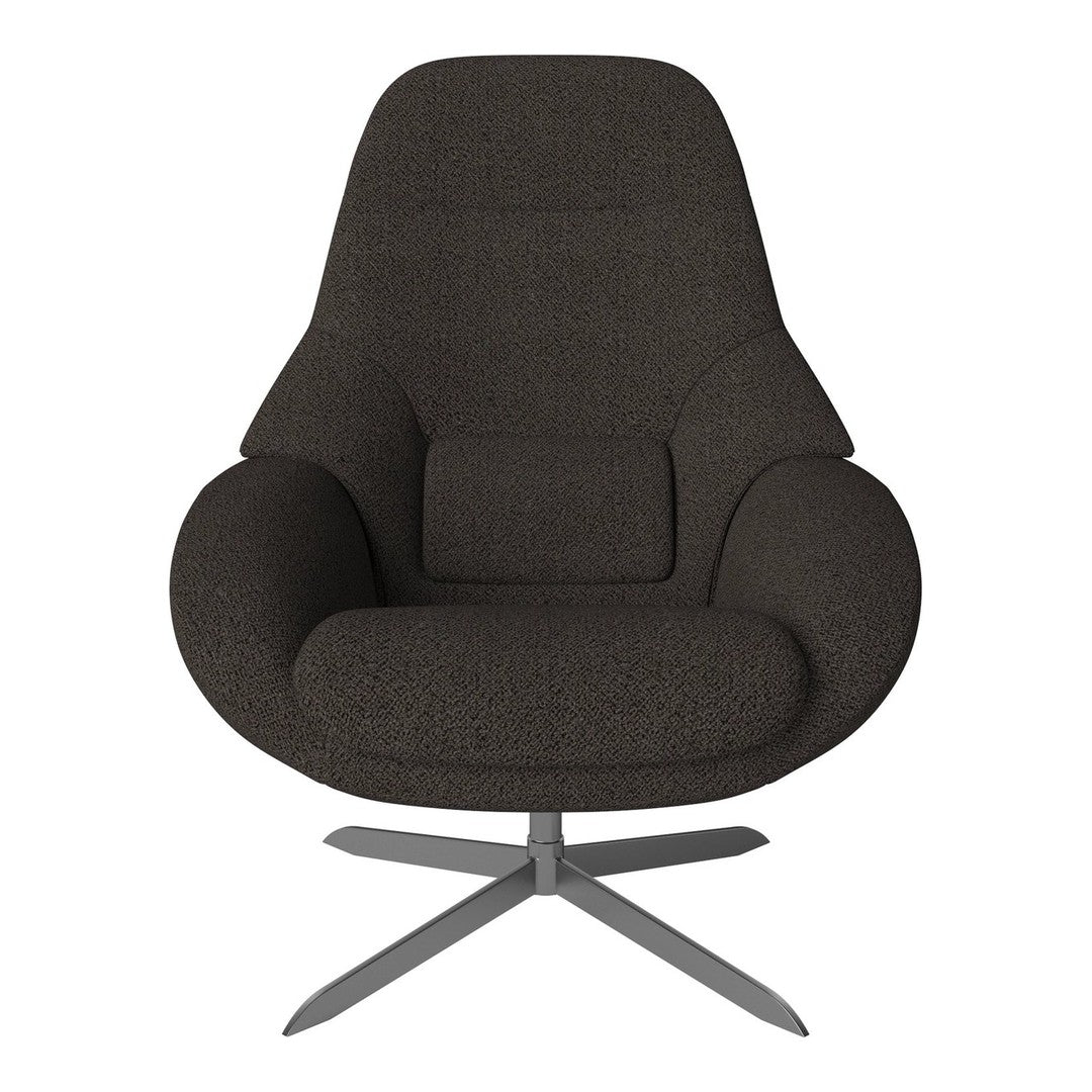 Dark brown upholstered chair with a textured fabric and sleek metal base, showcasing a minimalist design.
