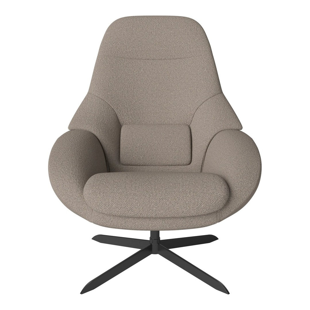 Soft beige upholstered chair with a sleek black base, featuring a smooth, minimalist design. Ideal for modern interiors.