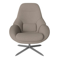 Beige upholstered chair with a smooth, minimalist design and a silver metal base. Ideal for modern decor.