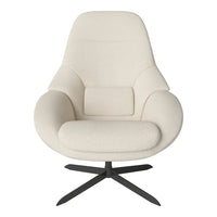 Cream-colored swivel chair with a smooth, modern design and subtle texture, featuring a black metal base.