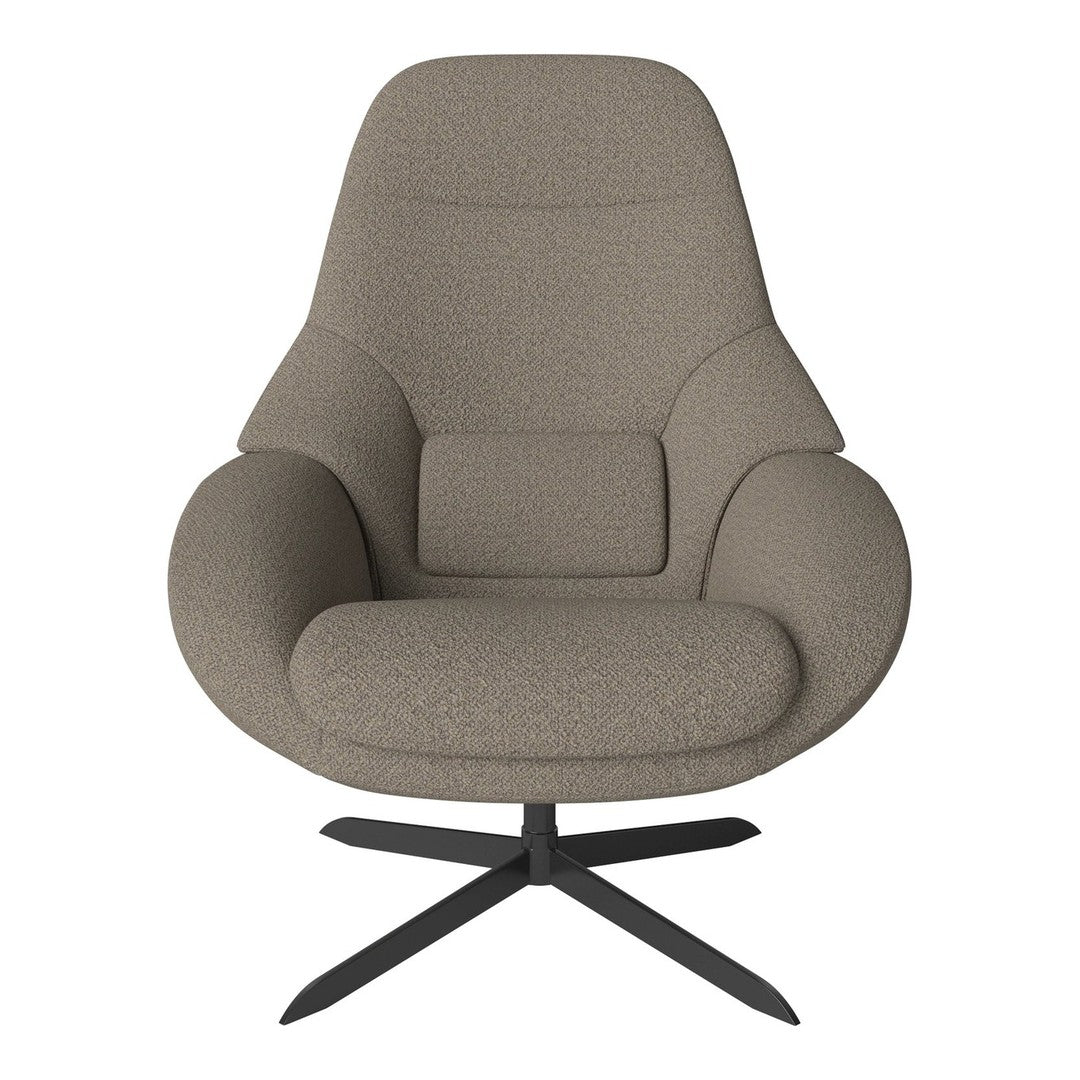 Contemporary taupe swivel chair with a textured fabric and sleek black base, perfect for modern interiors.