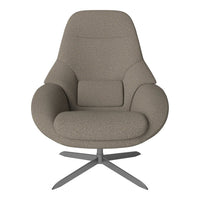 Modern chair in soft taupe fabric with a minimalistic design and smooth texture, featuring a sleek metal base.