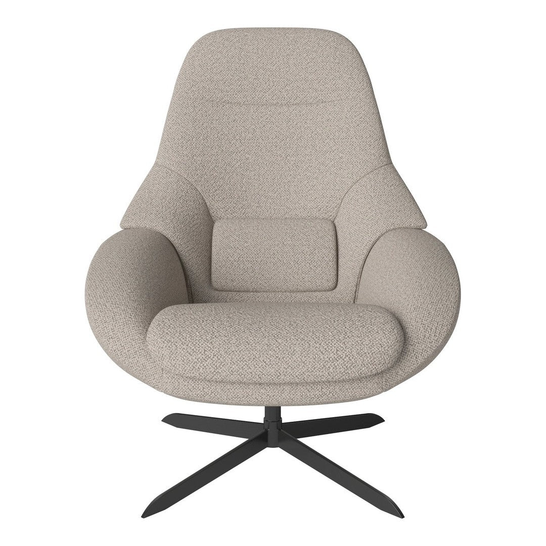 Beige textured armchair with a modern curved design and soft upholstery on a black metal base.