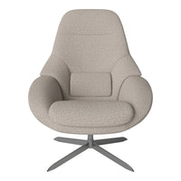 Light beige upholstered chair with a textured fabric and a sleek metal base, featuring smooth, modern lines.