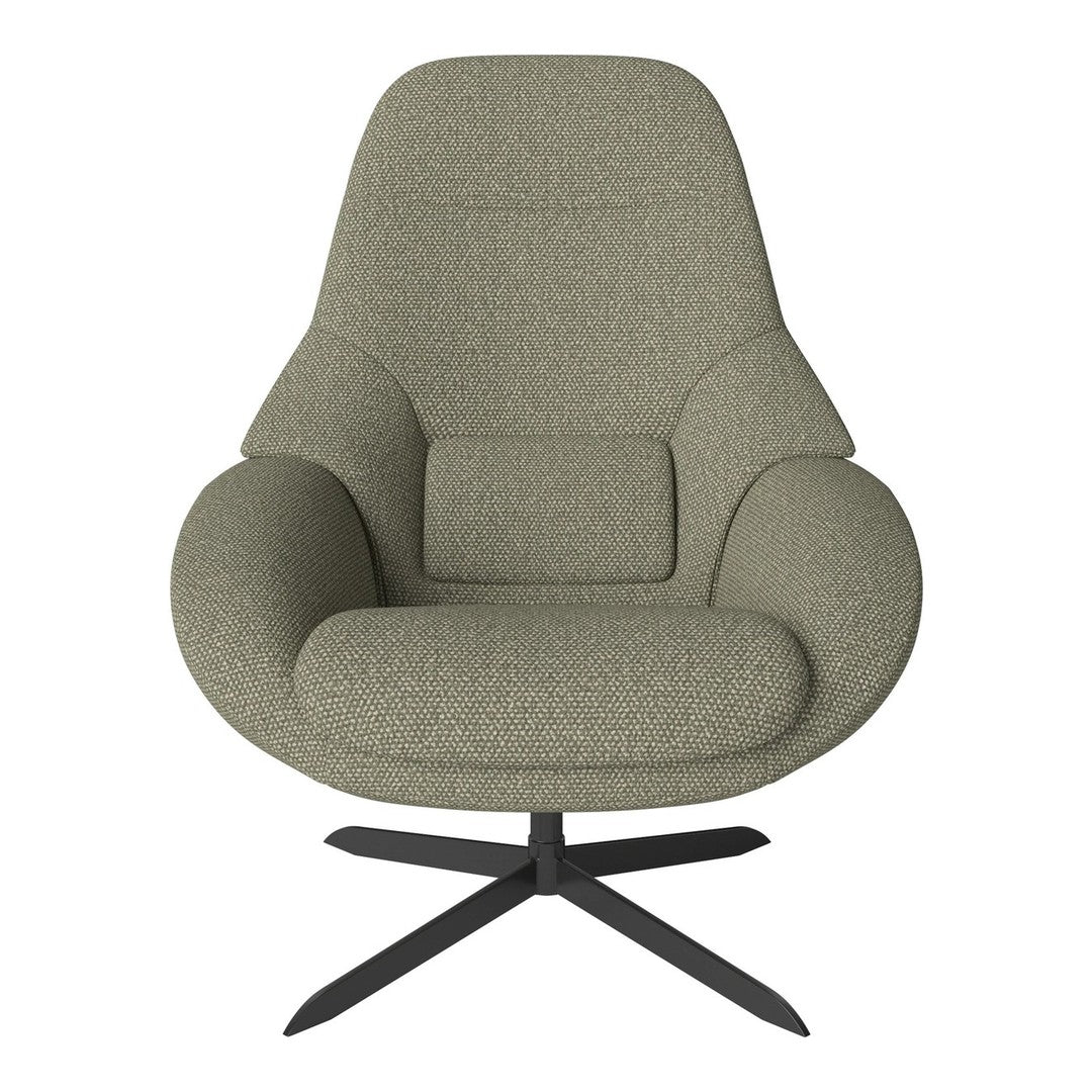 Stylish olive green chair with a textured fabric and smooth, curved contours, featuring a sleek black base.
