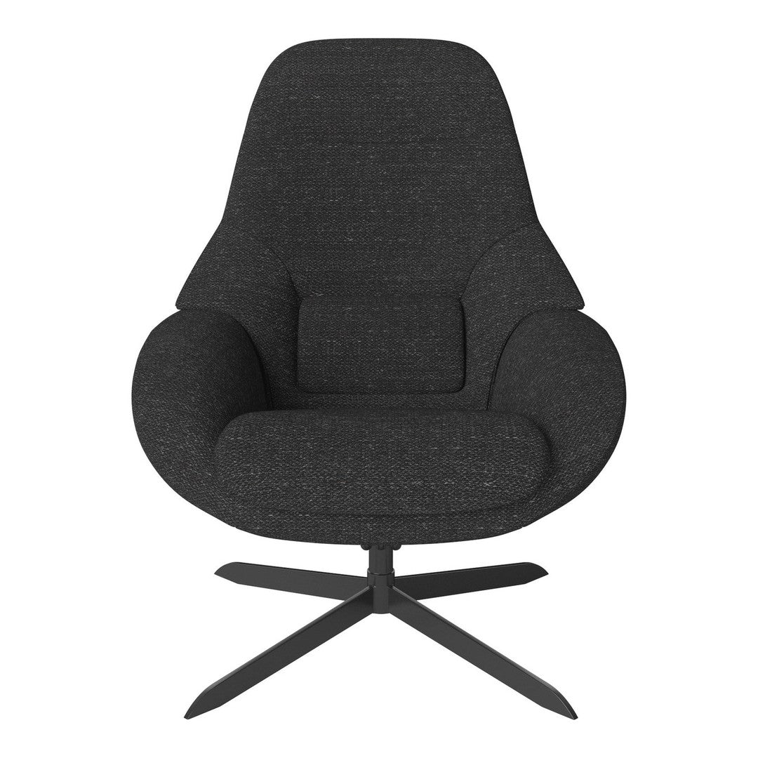Modern dark gray upholstered chair with a textured fabric and sleek black metal base, perfect for stylish interiors.