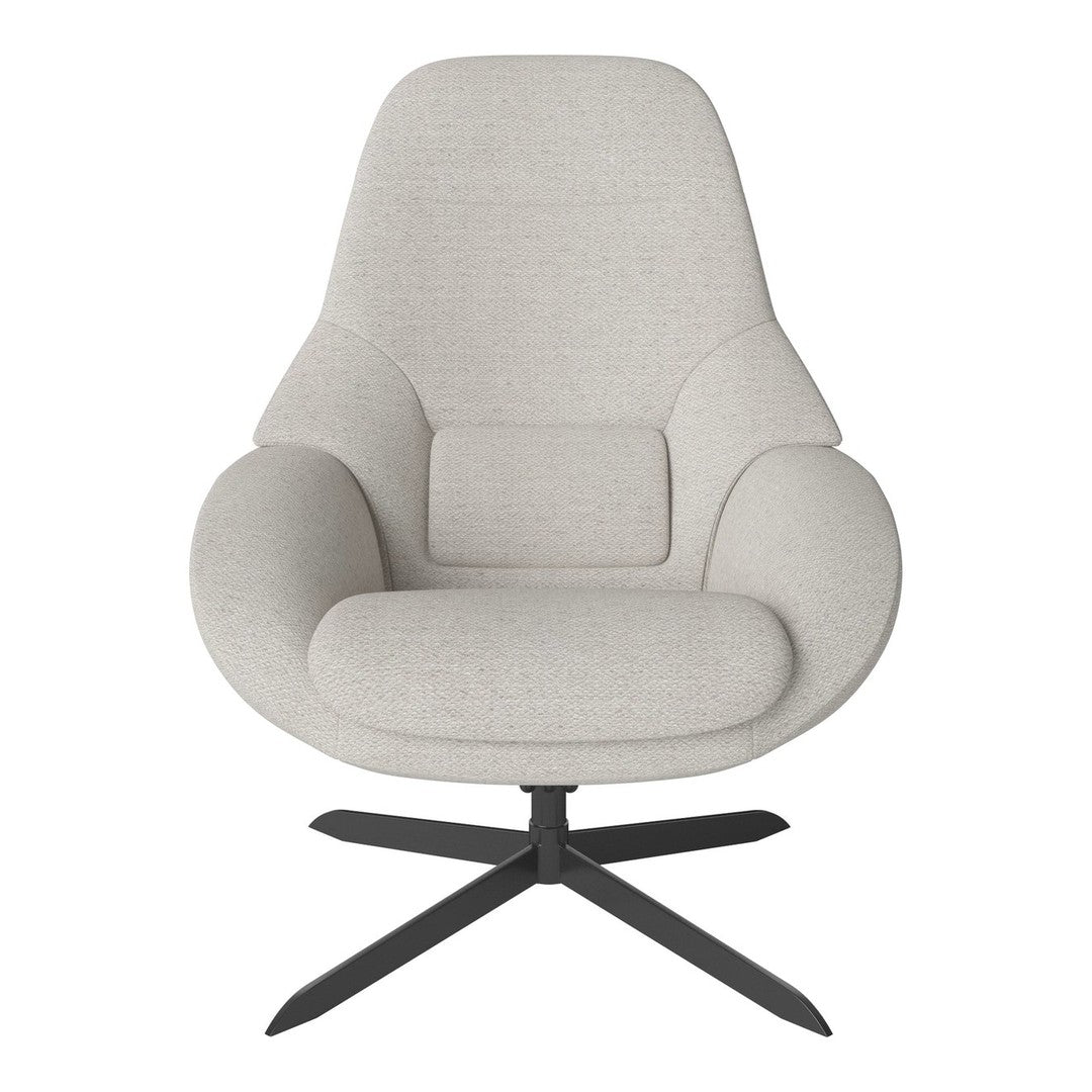 Light gray upholstered chair with a smooth texture and minimalist design, featuring a black metal base.