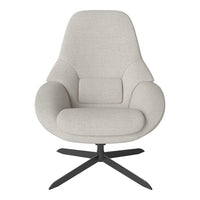 Light gray upholstered chair with a smooth texture and minimalist design, featuring a black metal base.