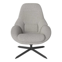 Light gray upholstered chair with a smooth, modern design and a sleek black metal base, perfect for contemporary decor.