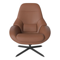 Minimalist brown leather chair with smooth, rounded contours and a sleek black metal base. Perfect for modern decor.