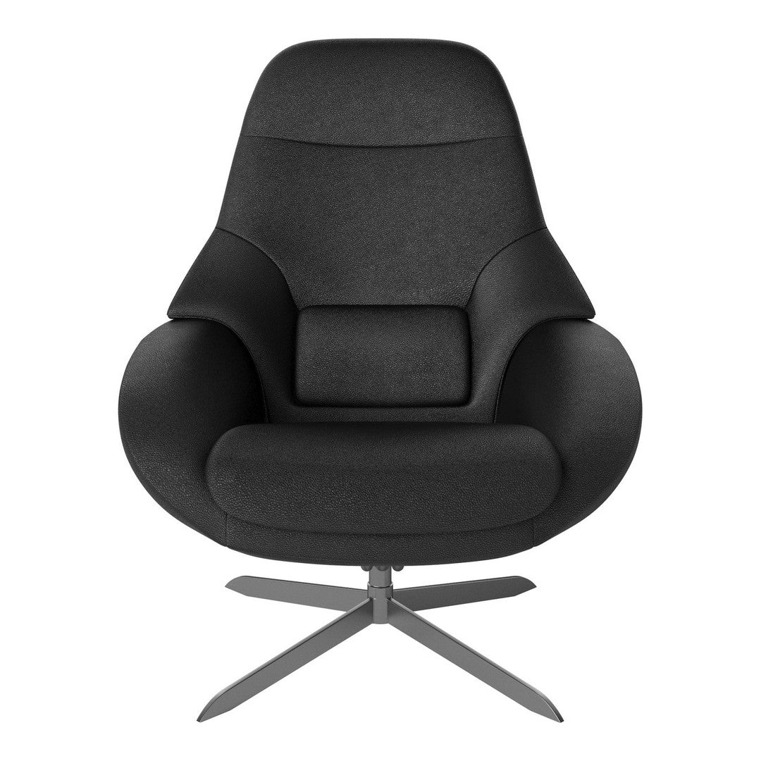 "Modern black upholstered chair with sleek lines, featuring a smooth, matte finish and a stylish metal base."