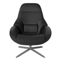 "Modern black upholstered chair with sleek lines, featuring a smooth, matte finish and a stylish metal base."