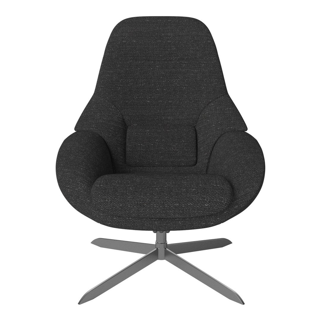 Stylish dark gray upholstered chair with a smooth, modern silhouette and a sleek metal base.