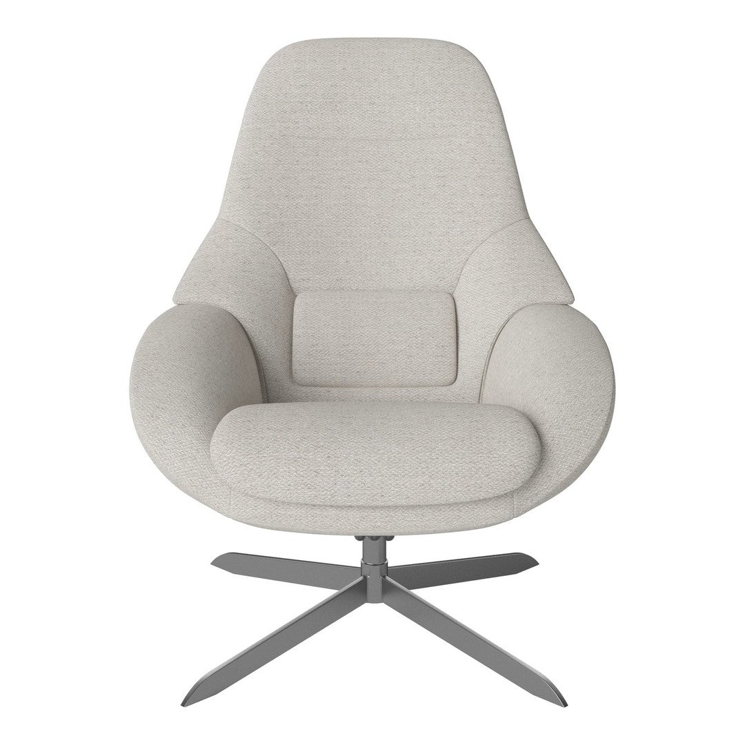 Light gray upholstered chair with smooth, modern design and subtle texture on a sleek metal base.