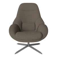 Brown textured fabric armchair with a modern design and sleek silver base. Perfect for contemporary interiors.