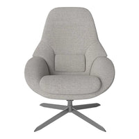 Light gray upholstered chair with a minimalist design and smooth, clean lines, complemented by a sleek metal base.