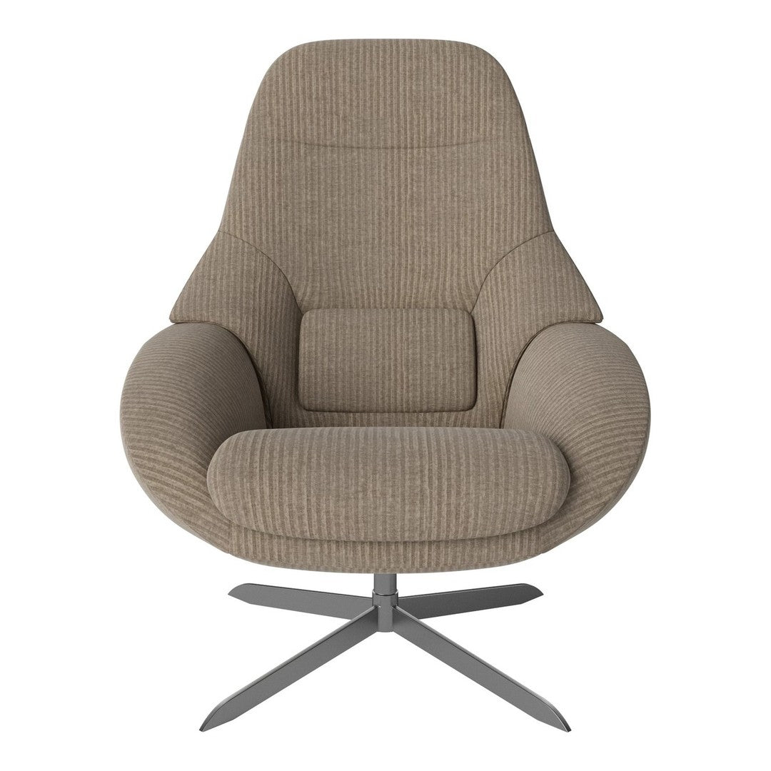 Beige ribbed upholstered chair with a modern design and silver star base. Ideal for contemporary interiors.