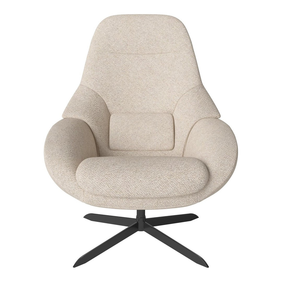 Light beige upholstered chair with a smooth texture and subtle patterns, featuring a sleek black metal base.