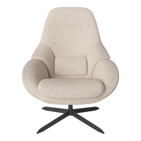 Light beige upholstered chair with a smooth texture and subtle patterns, featuring a sleek black metal base.