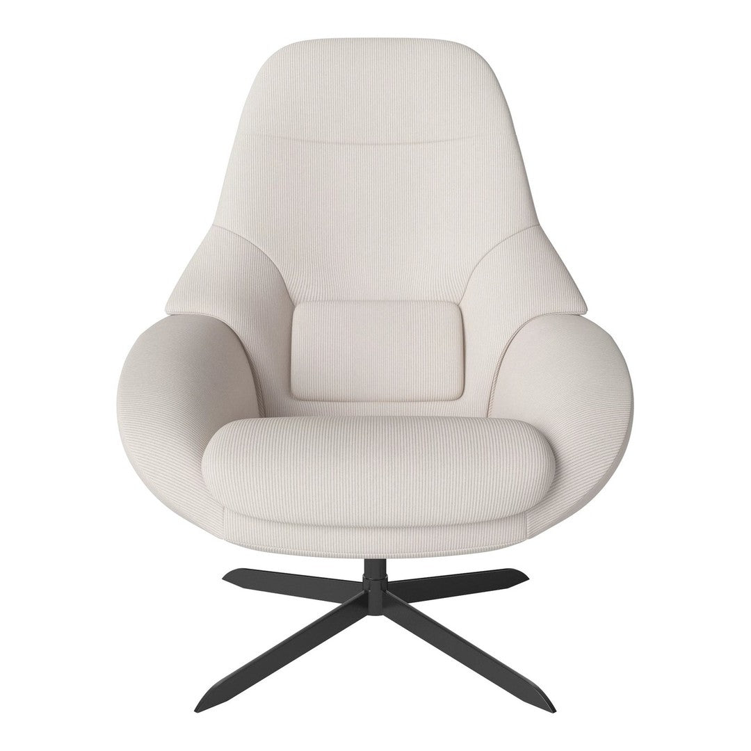 Cream-colored swivel chair with a smooth, minimalist design and soft, textured upholstery.