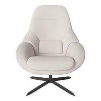 Cream-colored swivel chair with a smooth, minimalist design and soft, textured upholstery.