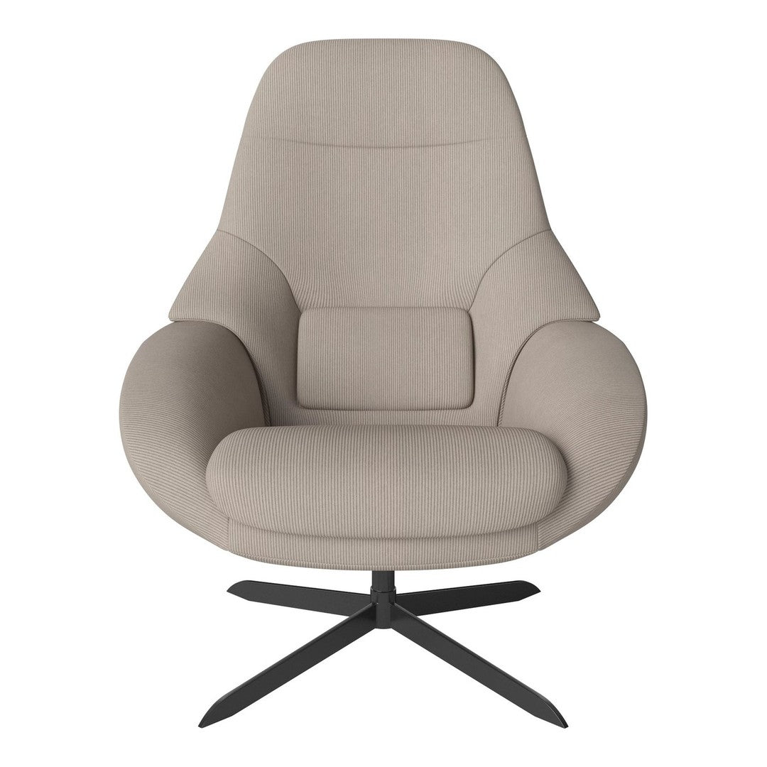 Beige upholstered chair with a smooth, minimalist design and a sleek black metal base. Perfect for modern interiors.