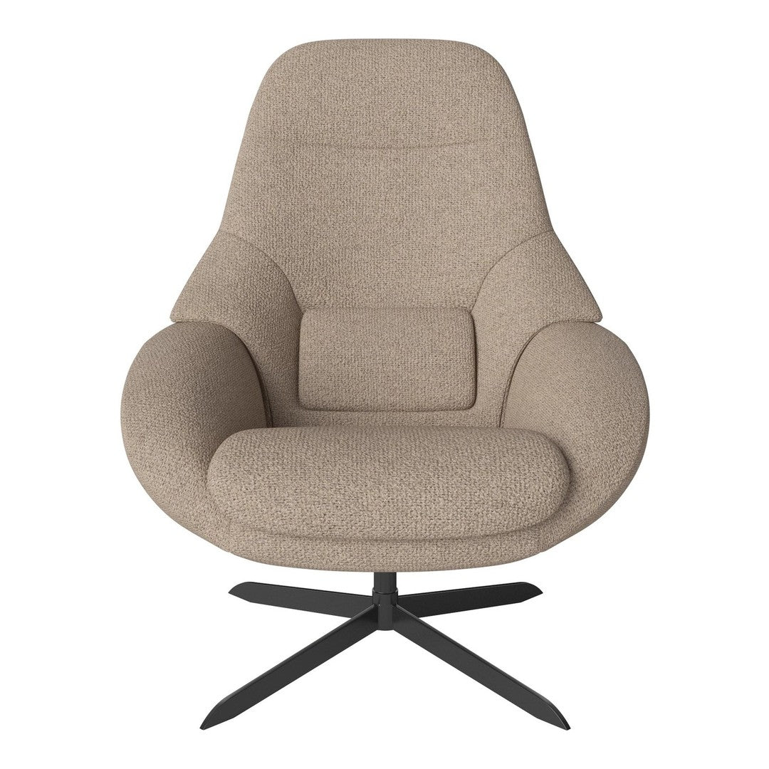 Beige boucle fabric armchair with a smooth, curved silhouette and a sleek, black base. Modern, cozy design.