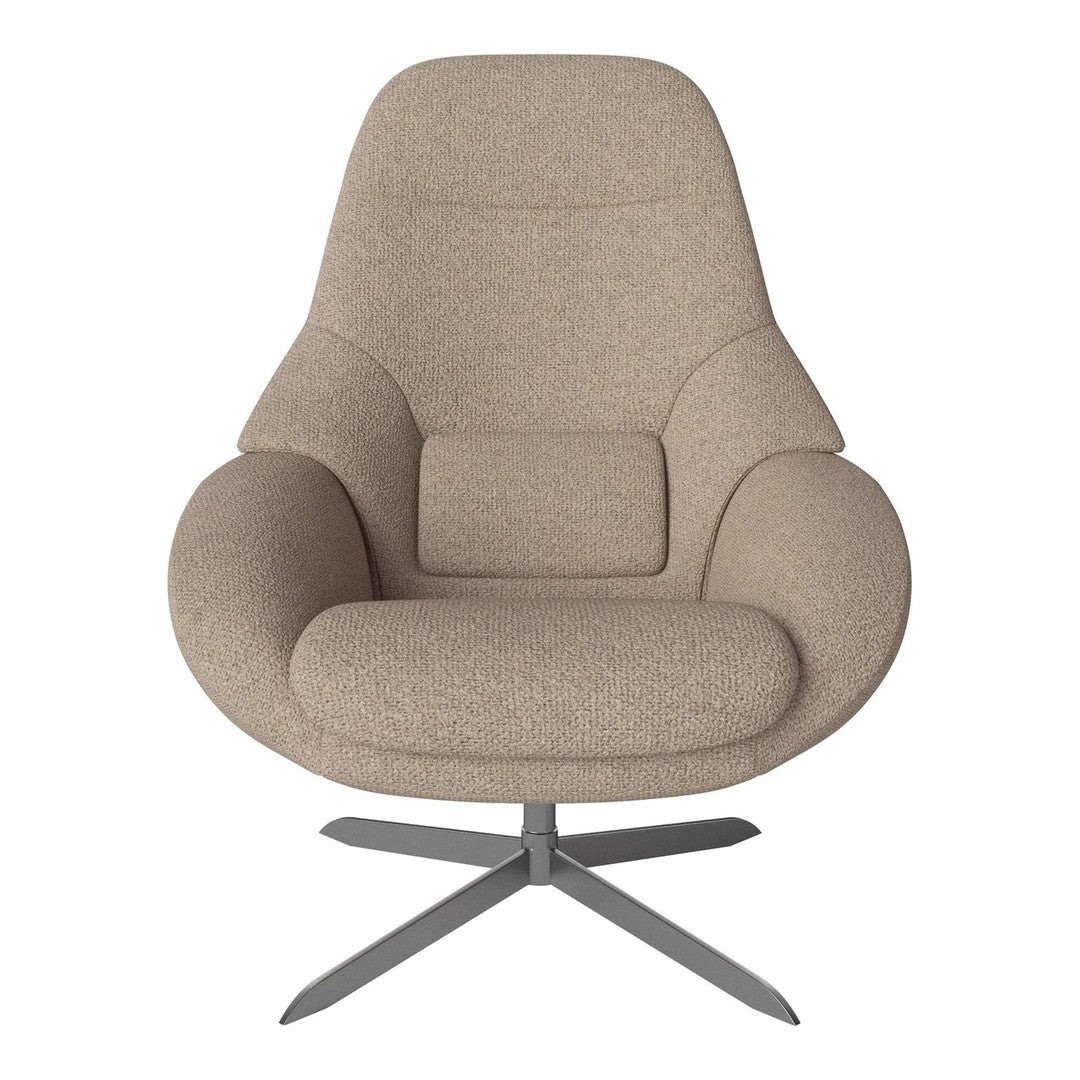 Beige upholstered chair with a soft, smooth texture and minimalist design on a sleek metal base.