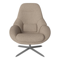 Beige upholstered chair with a soft, smooth texture and minimalist design on a sleek metal base.