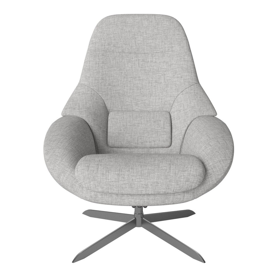 Light gray upholstered chair with sleek, modern design and minimalistic pattern, featuring a smooth finish and silver base.