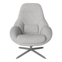Light gray upholstered chair with sleek, modern design and minimalistic pattern, featuring a smooth finish and silver base.