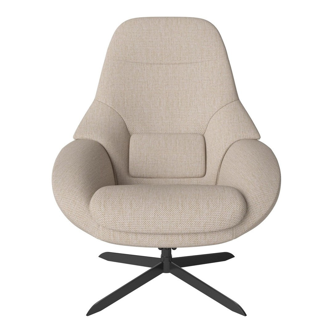 Beige upholstered chair with subtle texture, featuring a sleek black metal base for a modern look.