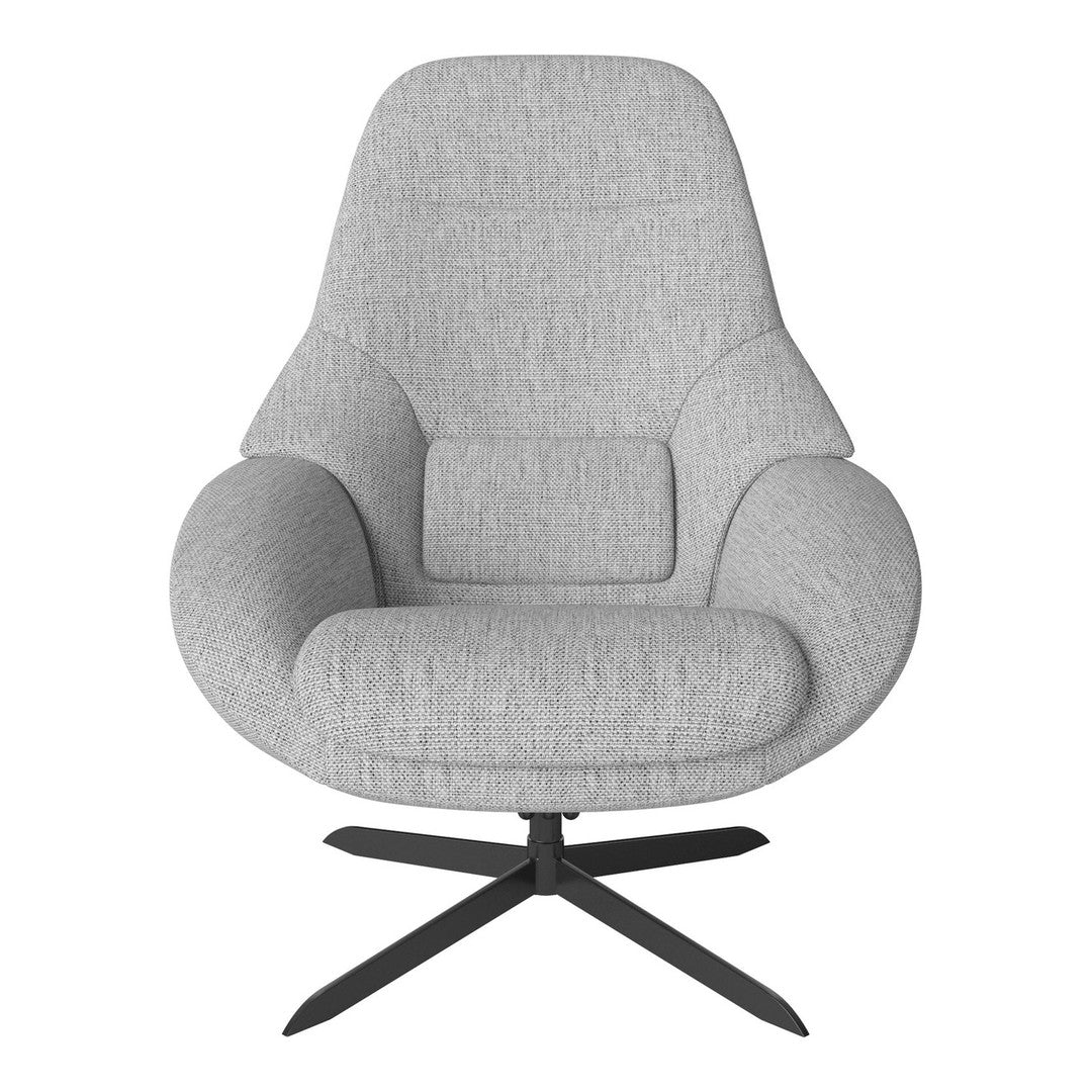 Light gray upholstered chair with a textured pattern and sleek black metal base.