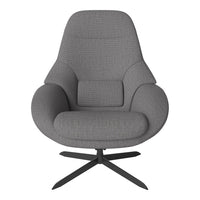 Stylish gray upholstered lounge chair with subtle textured pattern and sleek black metal base. Perfect for modern decor.