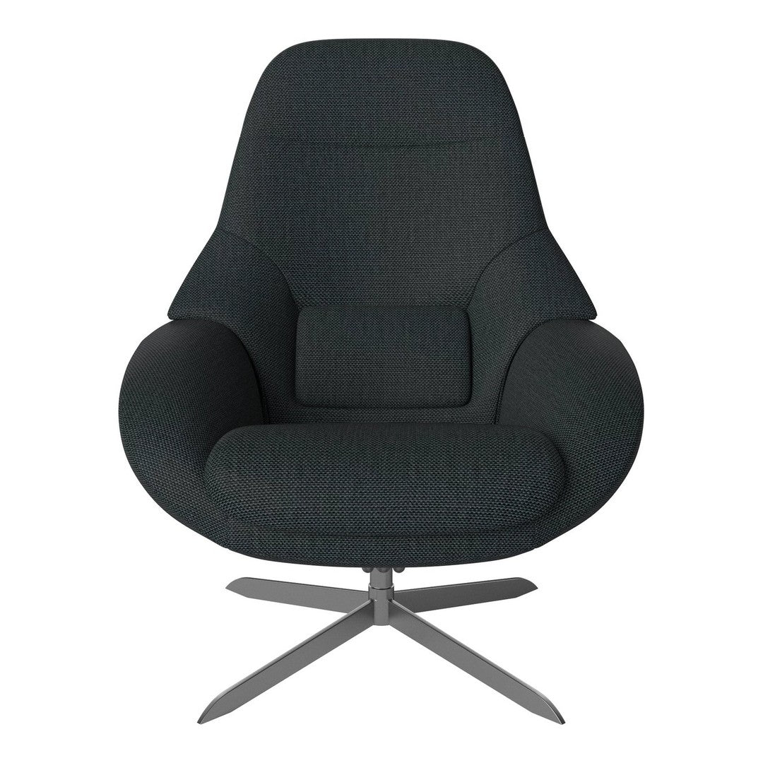 Black upholstered chair with a textured pattern and sleek metallic base, perfect for modern décor.