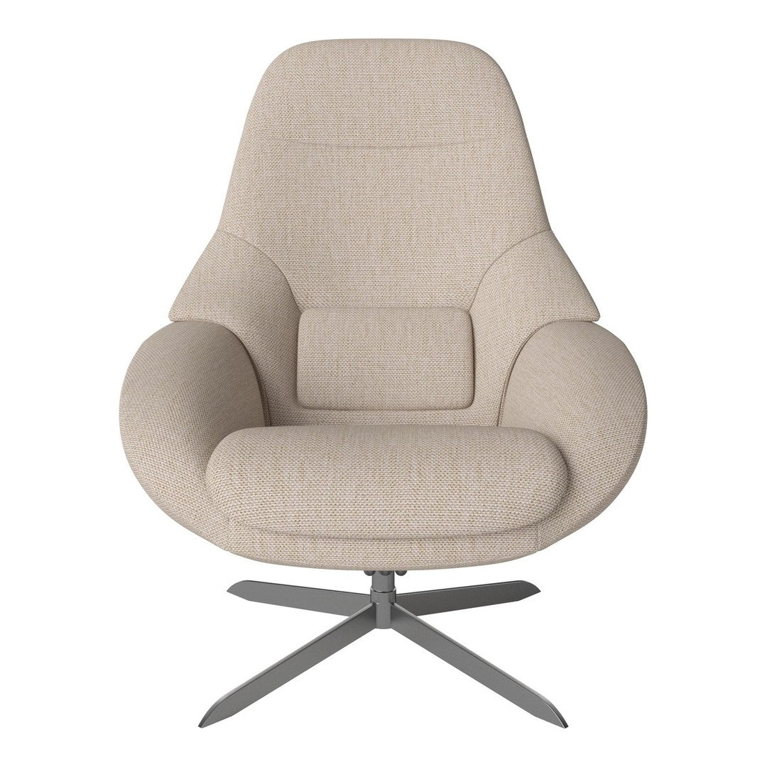 Light beige upholstered chair with subtle textured pattern and sleek silver metal base. Ideal for modern decor.